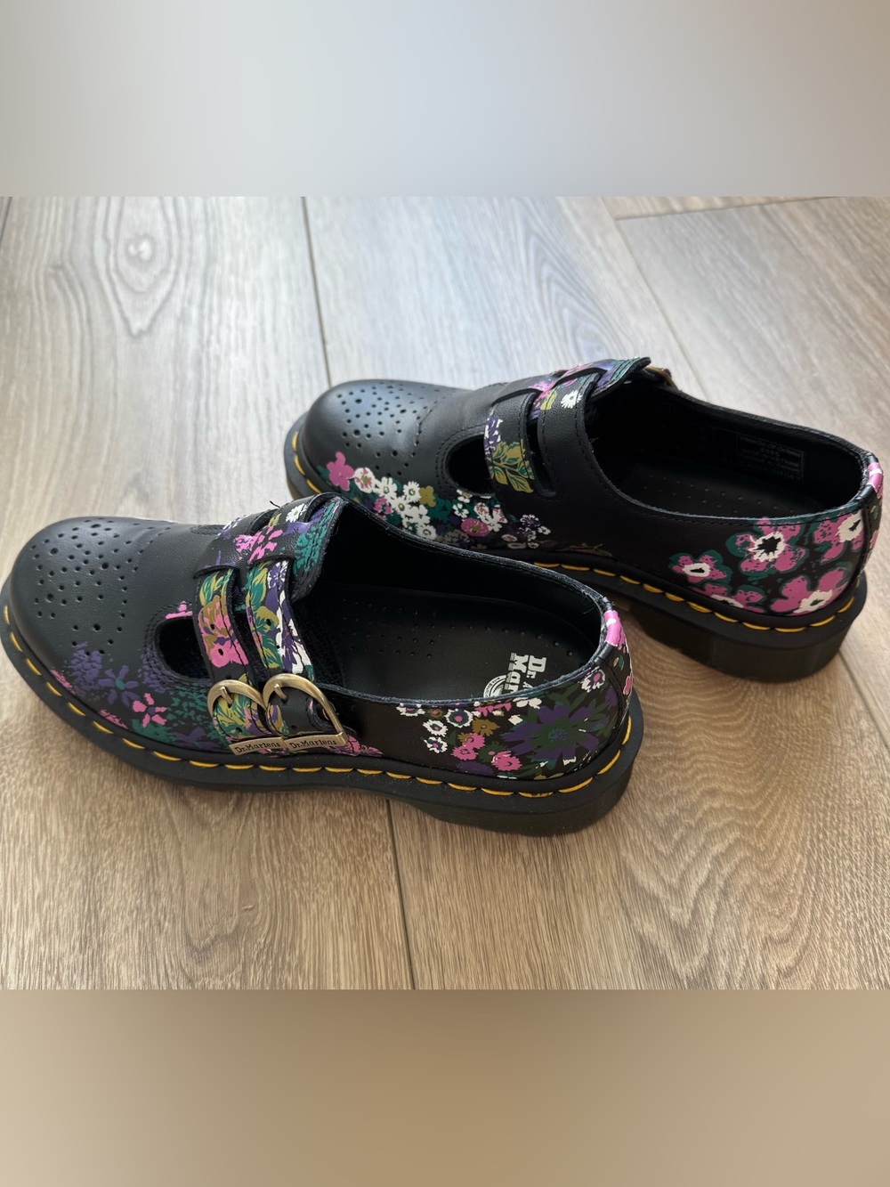 Dr. Martens 8065 Black Floral Print Mary Janes with Double Buckles